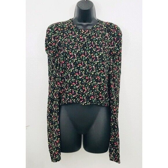 AFRM Top Garden Floral Blouse Puffed Drape Sleeve Black Viscose Zip, M - Picture 8 of 16